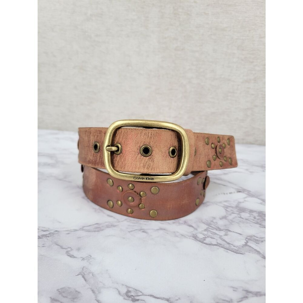Calvin Klein Metallic Pink and Brown Leather Studded Belt with Brass Buckle